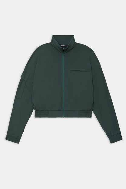The SPLITS59 Peaches Airweight Cargo Jacket - Military is a dark green cropped nylon spandex jacket with a front zipper, high collar, chest pocket, and elastic cuffs and hem, shown on a white background.