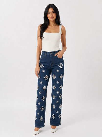 Pearl Embellished Floral Cutout Jeans - Glam