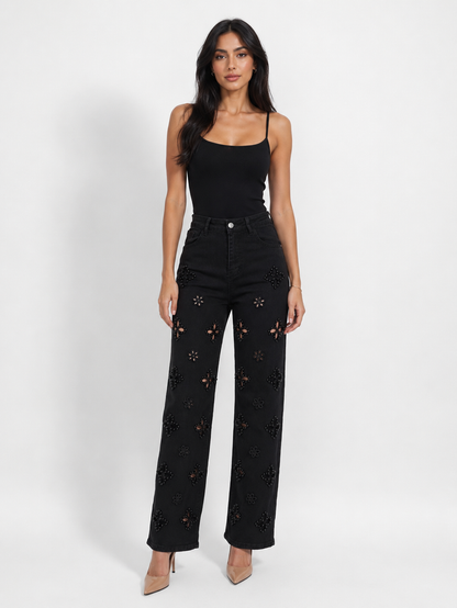 Pearl Embellished Floral Cutout Jeans - Glam