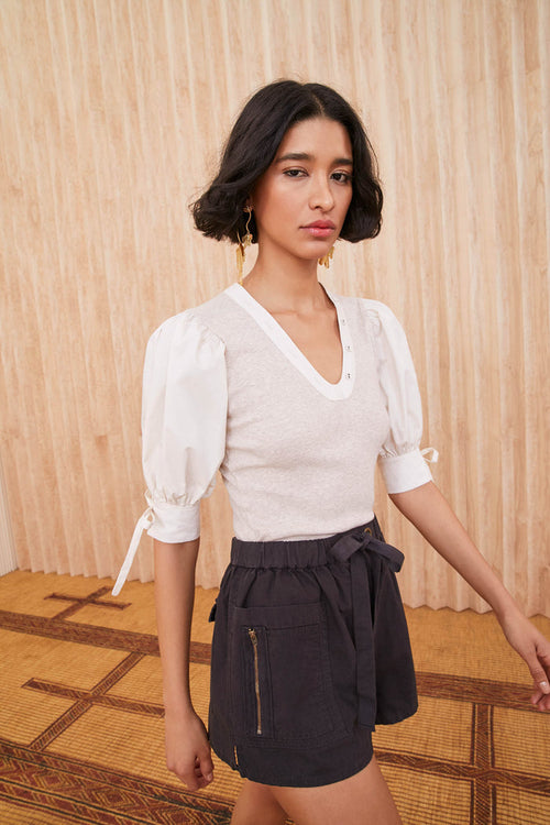 Oatmeal Ribbed Cotton Pia Top with White Poplin Balloon Sleeves - Front View | Ulla Johnson