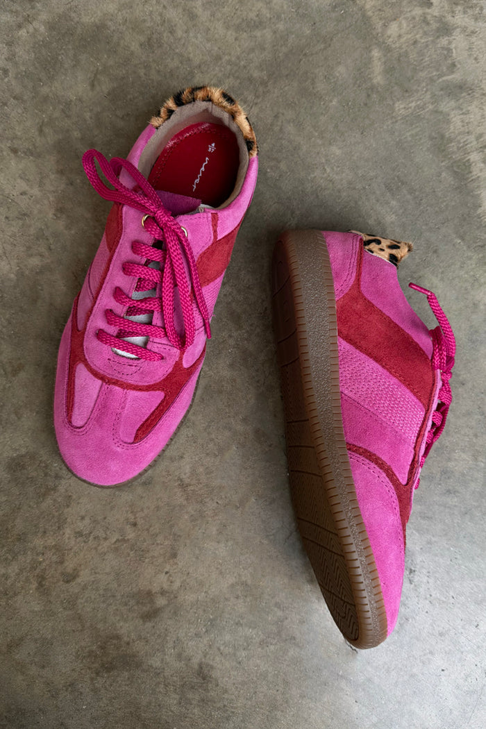 Pink and Red Leather Trainer with leopard print heel detail, suede panels and a gum sole.
