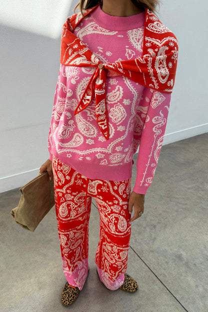 Pink Bandana Copenhagen Jumper in an iconic red and pink print with a neck tie and matching knit joggers.