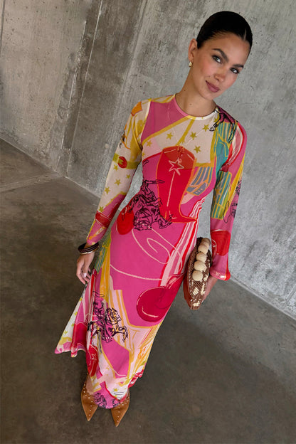 Pink Dallas Mesh Midaxi Dress featuring abstract cowboy motifs and long sleeves.