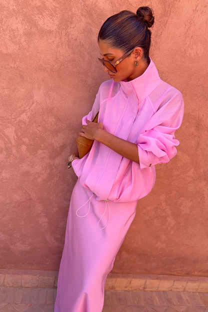 Pink Organza Funnel Jacket with a sheer finish and drawcord hem, styled as a matching pink co-ord.