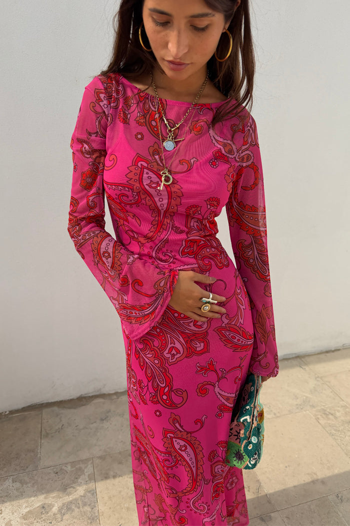 Pink Paisley Mesh Dress with long sleeves and a sheer paisley print, styled with gold jewellery and a beaded bag.