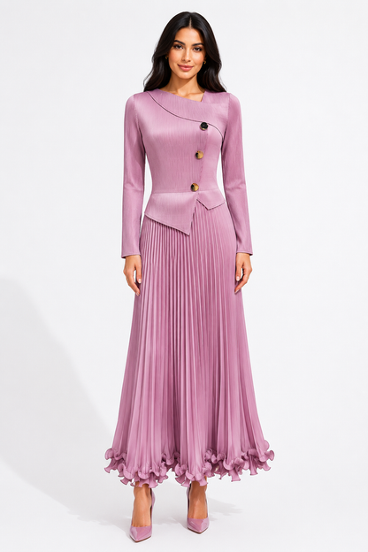 Pleated Button Detail Maxi Dress - Mocha