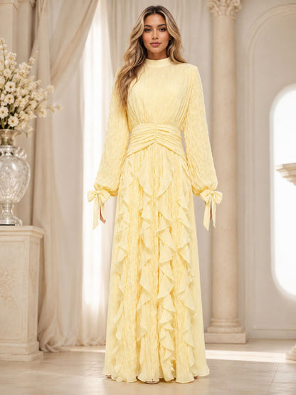 pleated chiffon ruffle maxi dress with ruched waist – RAYA