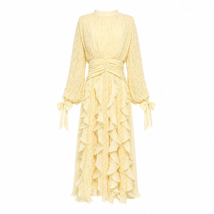 pleated chiffon ruffle maxi dress with ruched waist – RAYA