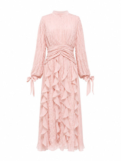 pleated chiffon ruffle maxi dress with ruched waist – RAYA