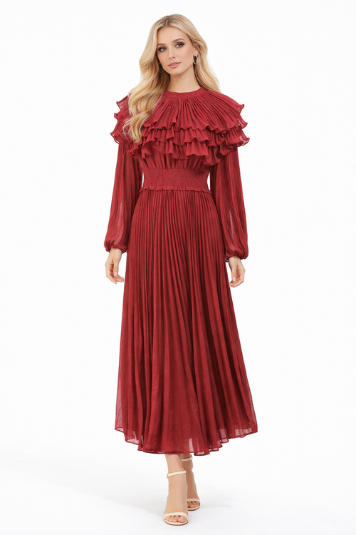 pleated ruffle collar long sleeve maxi dress – LUMIÈRE
