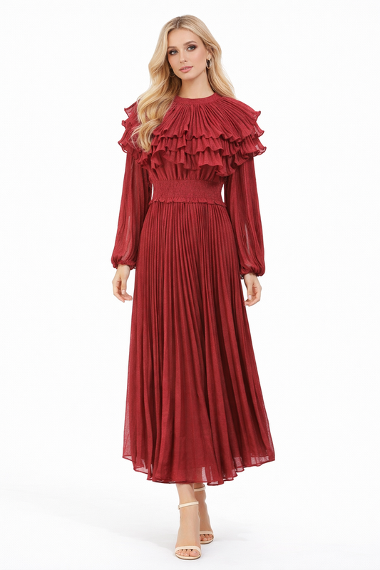 pleated ruffle collar long sleeve maxi dress – LUMIÈRE