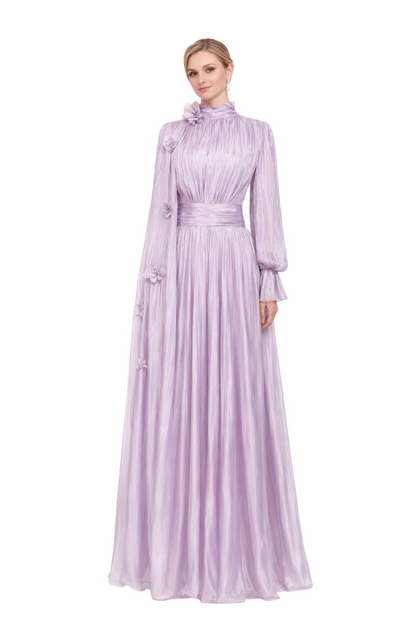 pleated satin maxi dress with draped shoulder cape – SERAPHINA