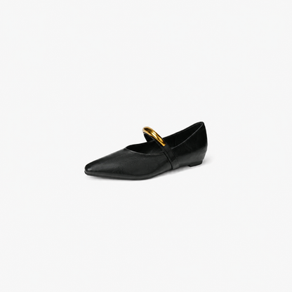 pointed toe flat shoe with gold metal strap detail – NOIR