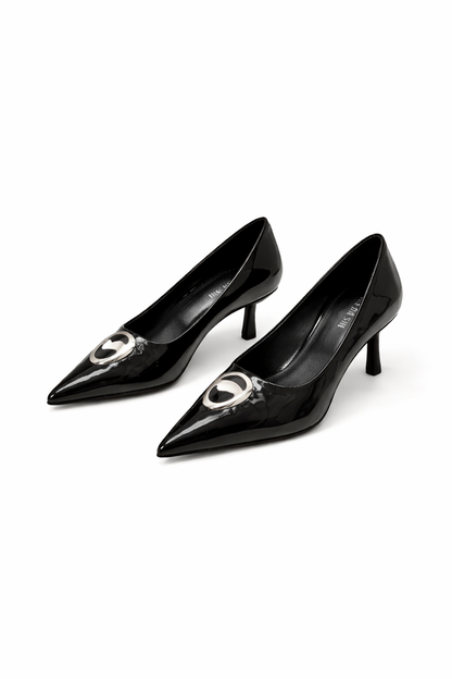 pointed-toe patent flats with metallic teardrop accent – ÉLAN