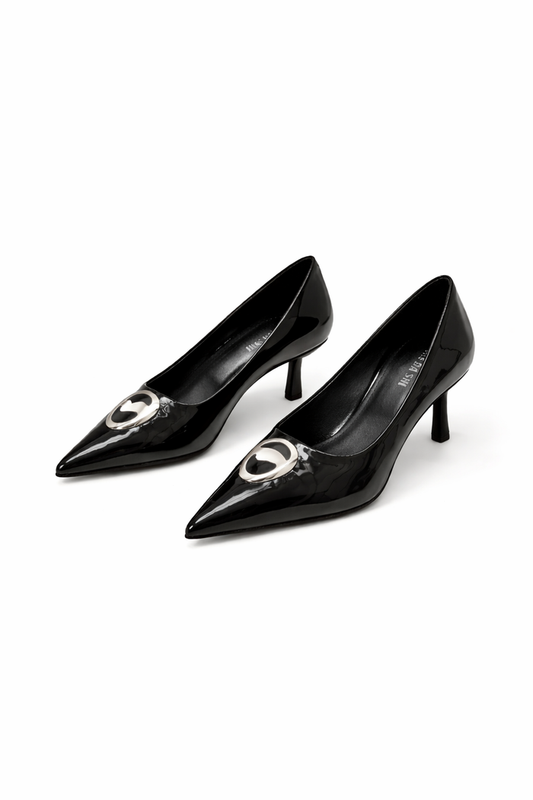 pointed-toe patent flats with metallic teardrop accent – ÉLAN