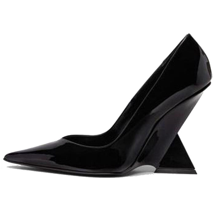 pointed-toe patent pumps with sculpted geometric heel – RUBY