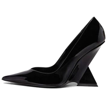 pointed-toe patent pumps with sculpted geometric heel – RUBY