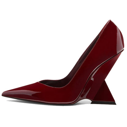 pointed-toe patent pumps with sculpted geometric heel – RUBY