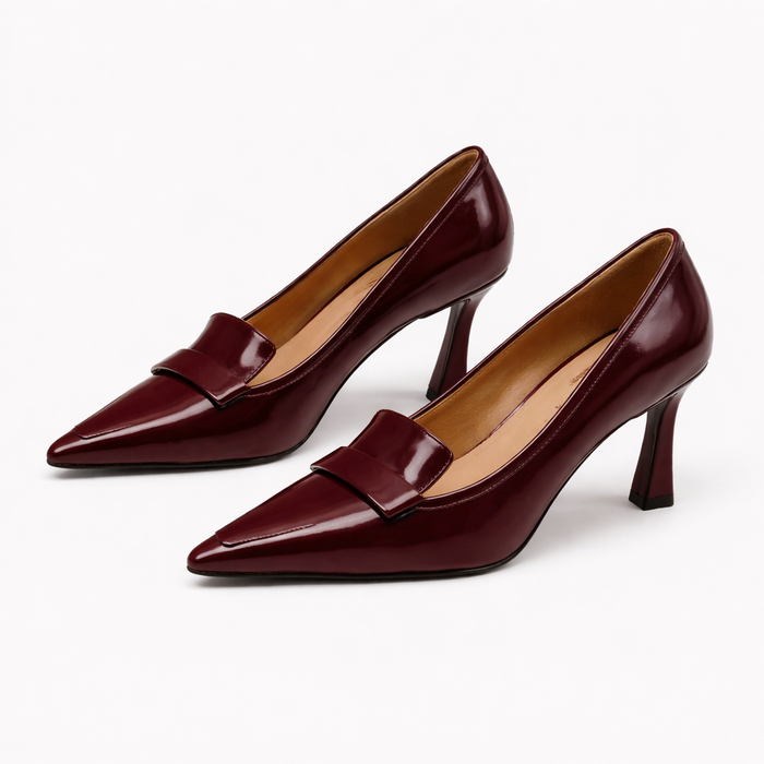 pointed-toe patent pumps with structured strap detail – BORDEAUX