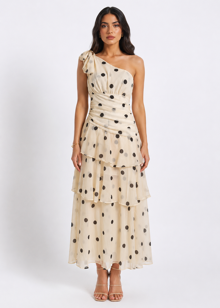 Polka Dot One-Shoulder Maxi Dress - Elegance