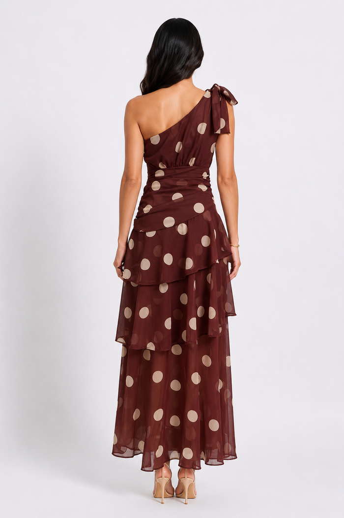 Polka Dot One-Shoulder Maxi Dress - Elegance