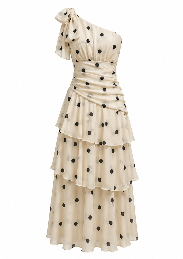 Polka Dot One-Shoulder Maxi Dress - Elegance
