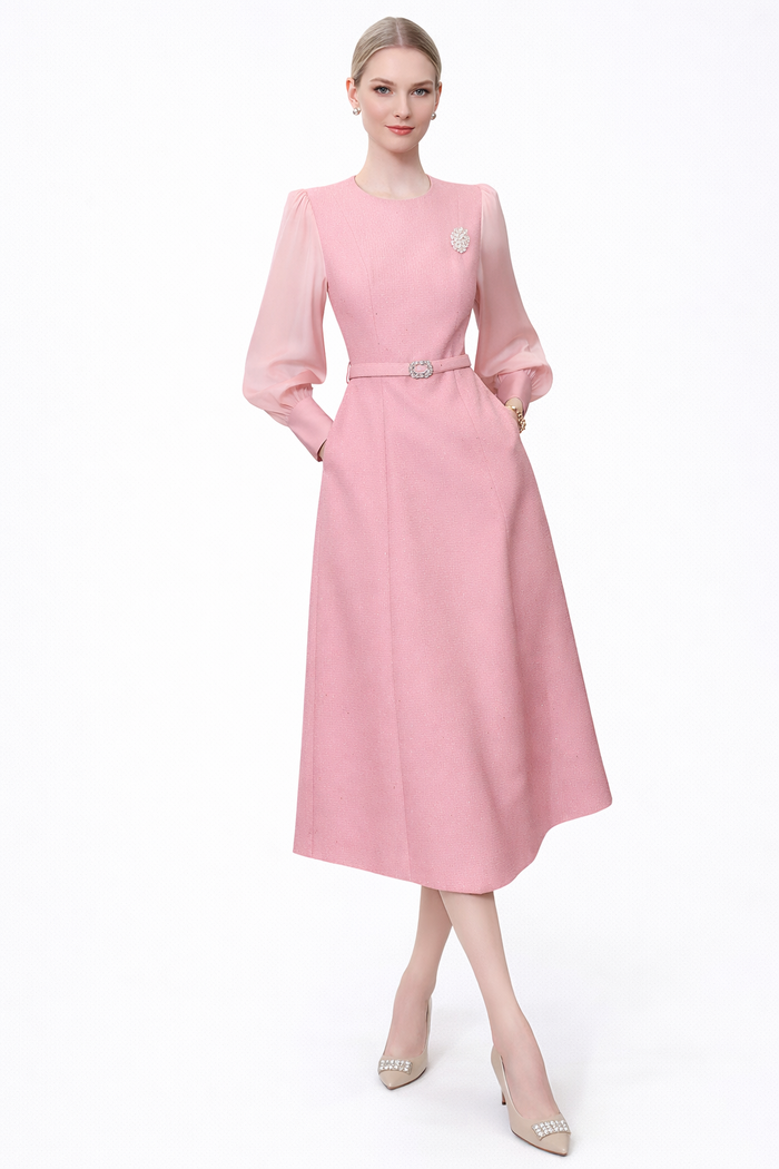 puff sleeve A-line midi dress with belted waist – AMBER