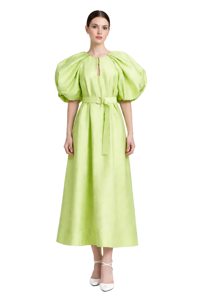puff sleeve belted midi dress with keyhole neckline – LIMEA
