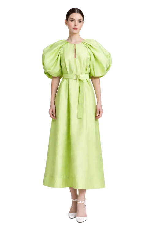 puff sleeve belted midi dress with keyhole neckline – LIMEA