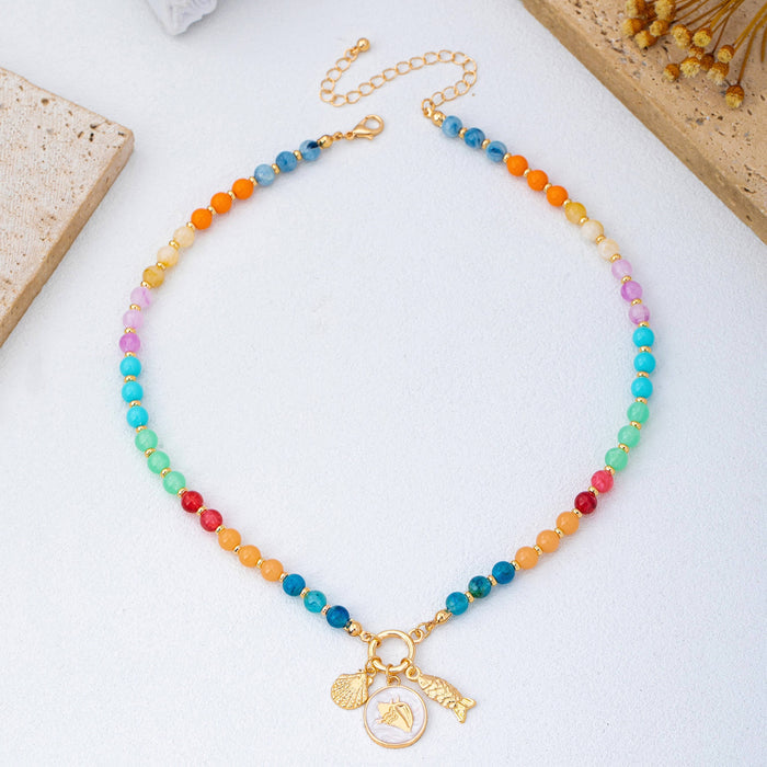 Rainbow Beaded Nautical Charm Necklace