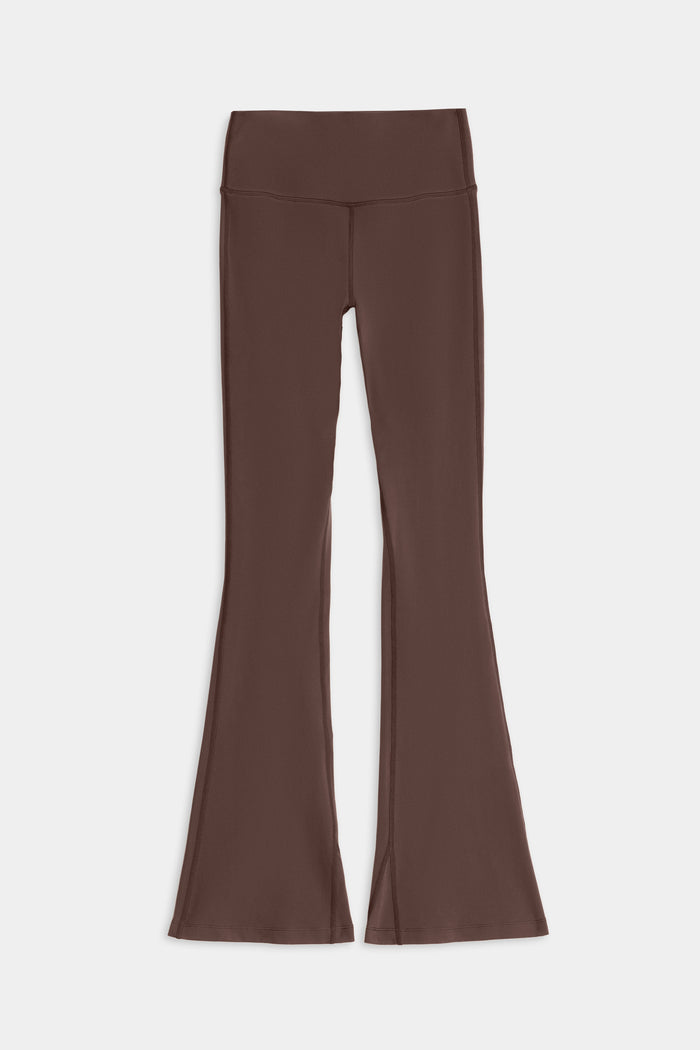 The SPLITS59 Raquel High Waist Flared Legging in Dark Chocolate, featuring 4-way stretch, is laid flat on a white background.