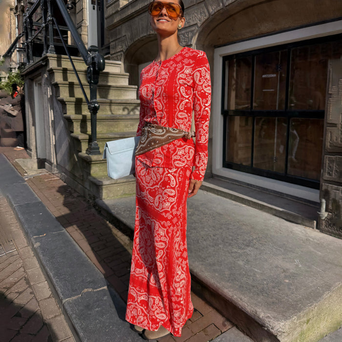 Red Bandana Rib Dorris Skirt in a ribbed paisley print, styled as a co-ord with the matching Alexa cardigan.