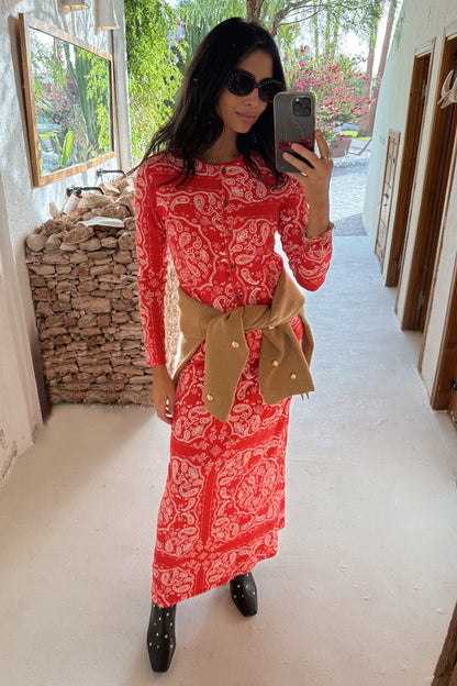 Red Bandana Rib Dorris Skirt and matching Alexa cardigan co-ord styled with a tan sweater in a mirror selfie.
