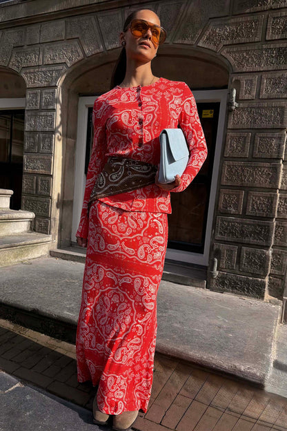 Red Bandana Rib Dorris Skirt and matching Alexa cardigan featuring a white paisley print on a red ribbed fabric.