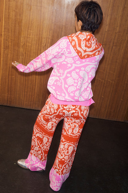 Red Bandana Wide Leg Trousers Petite in a knit paisley print with pink hems, styled as a matching co-ord.
