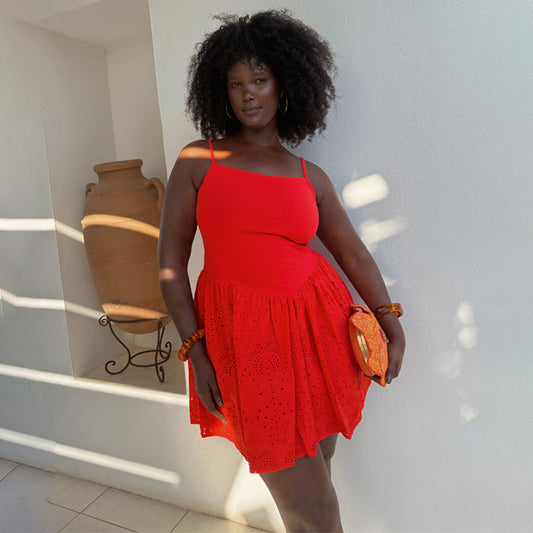 Red Broderie Mini Lola Dress in breathable cotton with a palm-patterned skirt and slim spaghetti straps.