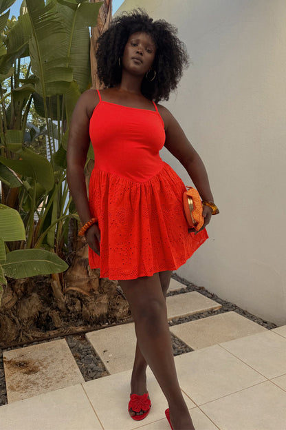 Red Broderie Mini Lola Dress with a palm-patterned skirt and thin straps, highlighting inclusive sizing.