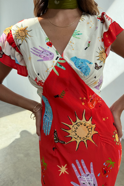 Red Celestial Midi Dress featuring a V-neckline and flutter sleeves with iconic celestial sun and hand motifs on viscose.