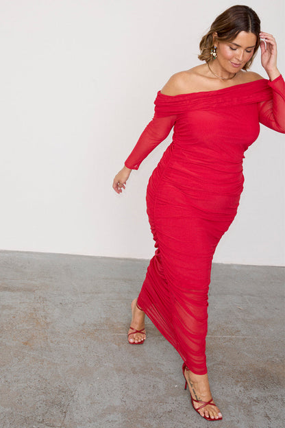 Red Diaz Dress in ruched mesh with an off-the-shoulder neckline, shown on a curve model.