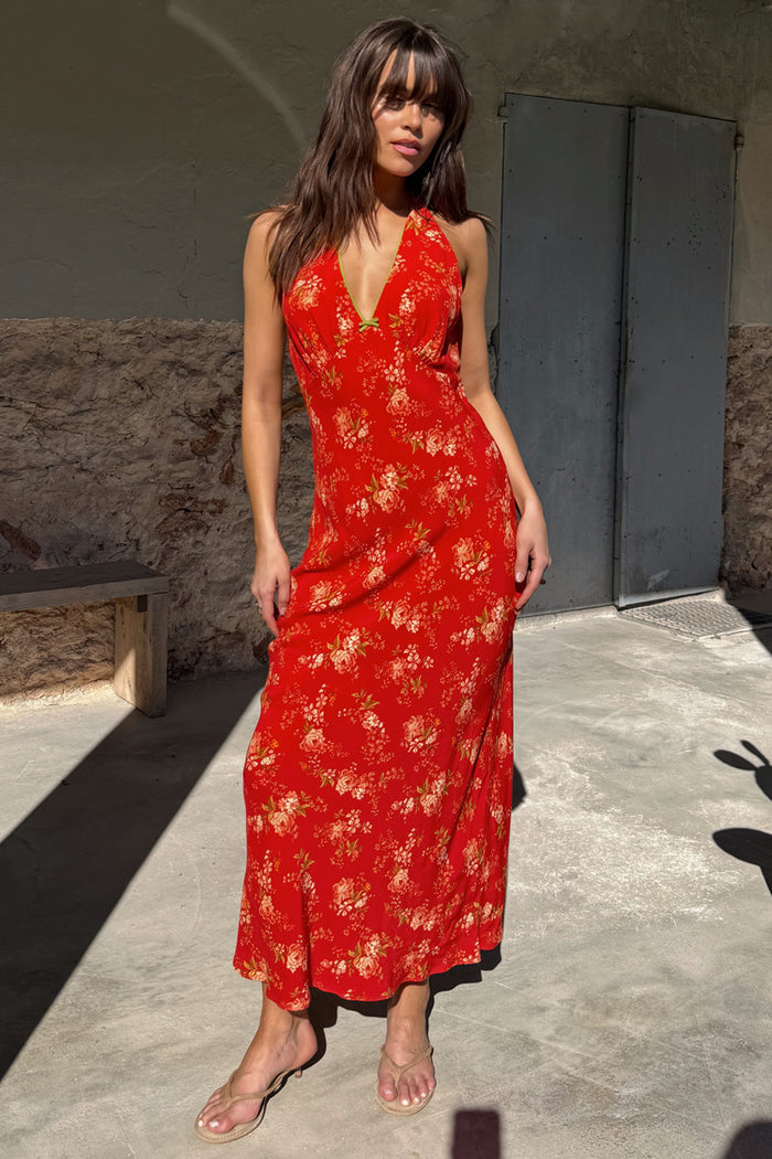Red Floral Halter Dress with a 90s vintage print and green trim, worn by a 5ft7 model in a size 8.