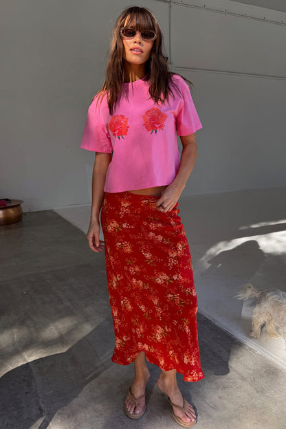 Red Floral Midi Skirt styled with a pink rose graphic t-shirt for feel good summer dressing.