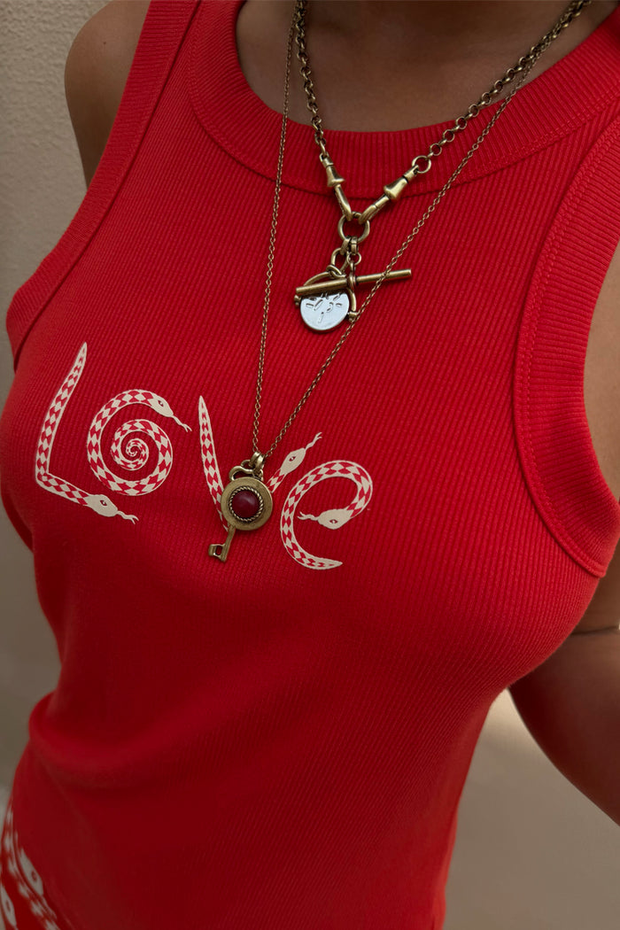 Red Snake Love Rib Tank in a soft ribbed fabric featuring a graphic LOVE print with hand-painted snake motifs.