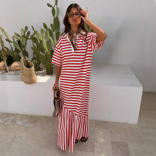 Red Stripe Jersey Dress in cotton with an asymmetric gathered skirt and buttoned neck for summer styling.