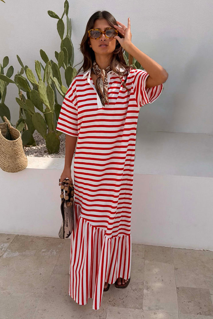 Red Stripe Jersey Dress in cotton jersey with a buttoned neckline and asymmetric gathered skirt.