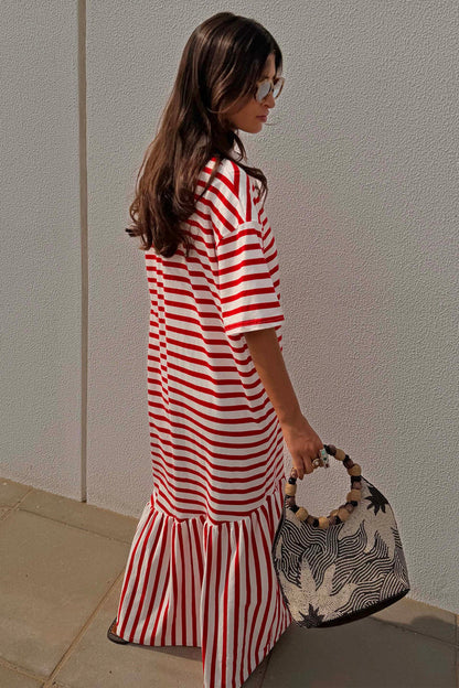 Red Stripe Jersey Dress in cotton with an asymmetric gathered skirt and oversized T-shirt fit, shown on a model.