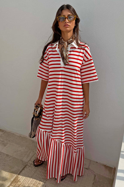 Red Stripe Jersey Dress in cotton with a button neckline and asymmetric gathered skirt on a model.