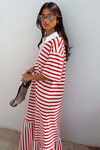 Red Stripe Jersey Dress with a white collar and asymmetric skirt, styled with tortoiseshell sunglasses.