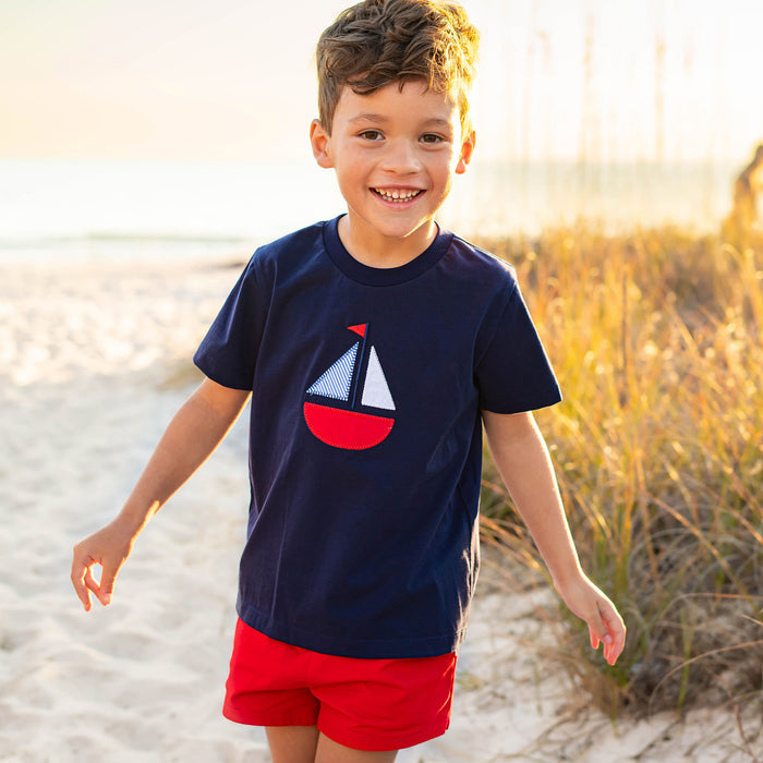 Red Twill Shrimp Shorts - regatta boys applique sailboat navy shirt