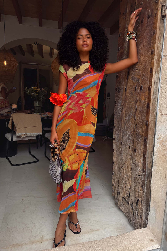Rio Mesh Dress with fruit motifs and colour blocks on stretch mesh, styled in a doorway for vacation fashion inspo.