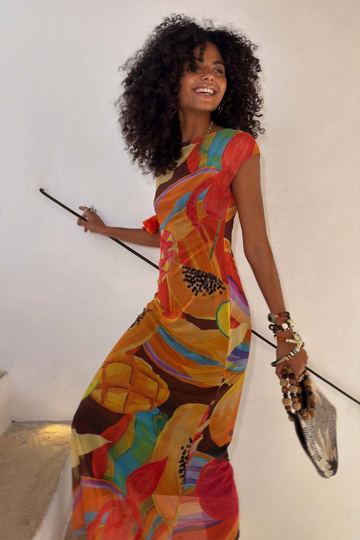Rio Mesh Dress with bold fruit motifs and colour blocks on stretch mesh, worn by a model on a white staircase.